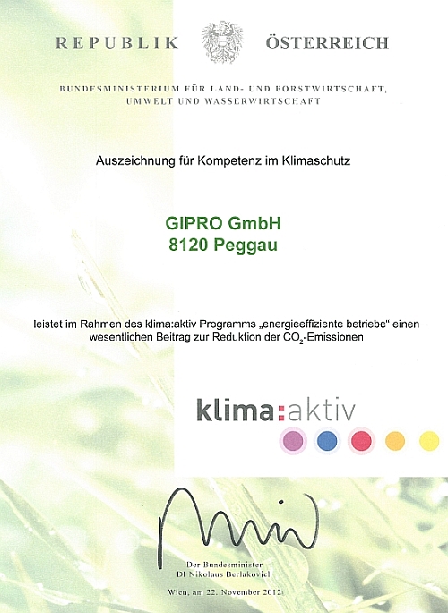 Klimaschutz Auszeichnung für GIPRO